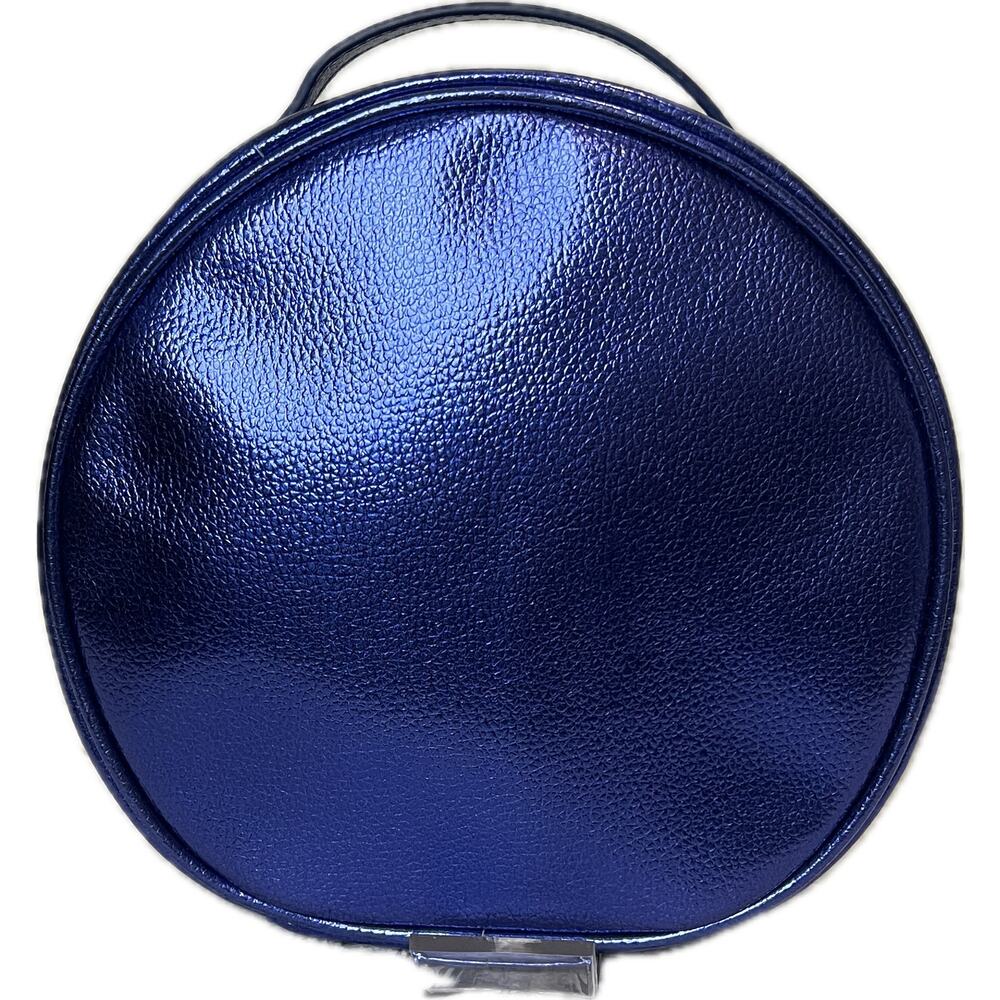 NWOT Metallic Blue Round Make-Up Bag  8'' Diameter 2'' Deep  Travel Vacation